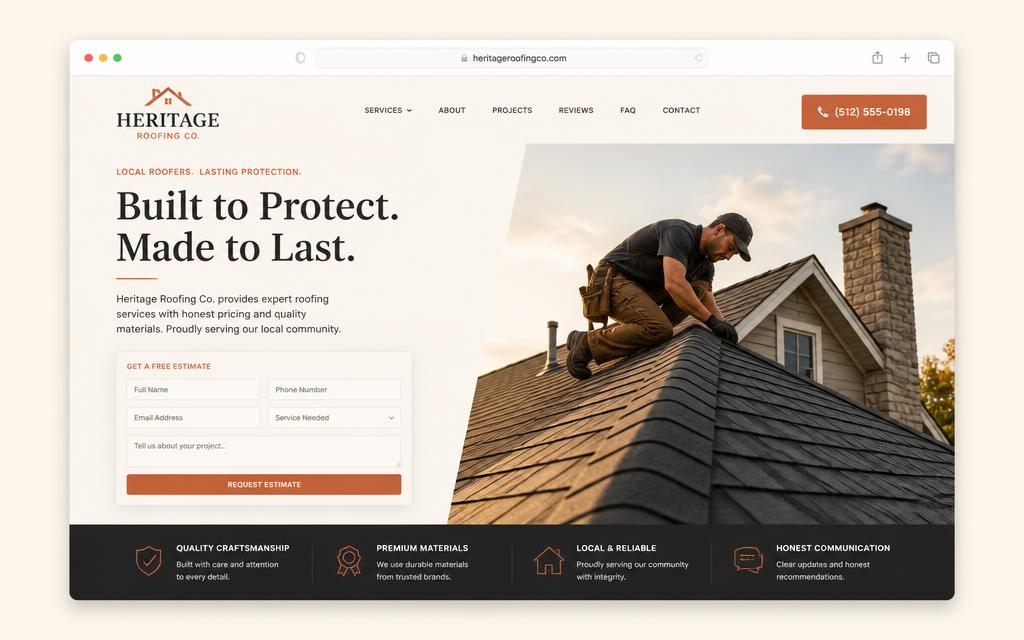 Roofing company website mockup